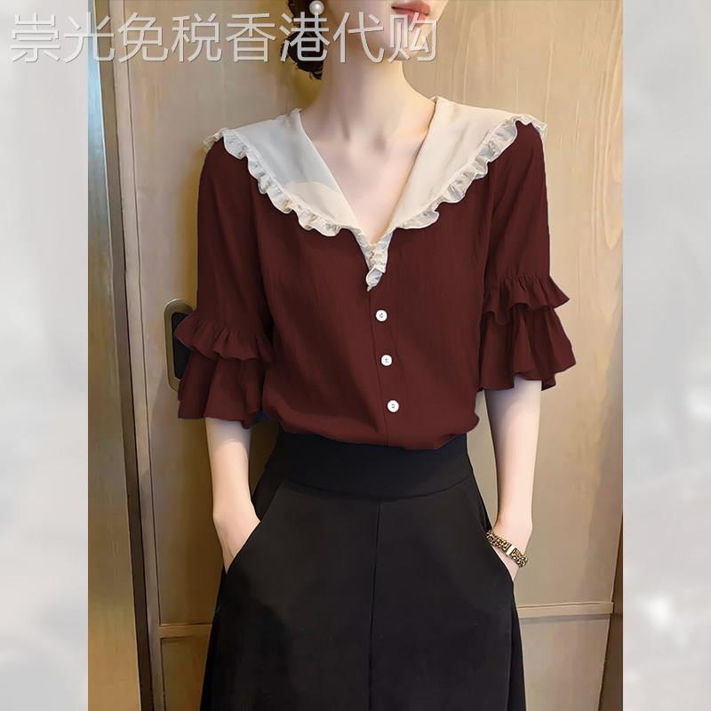 轻奢荷叶边深酒红色衬衫女装夏季2026年新款漂亮短袖小衫上衣干练