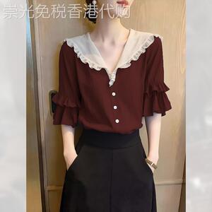 轻奢荷叶边深酒红色衬衫女装夏季2026年新款漂亮短袖小衫上衣干练