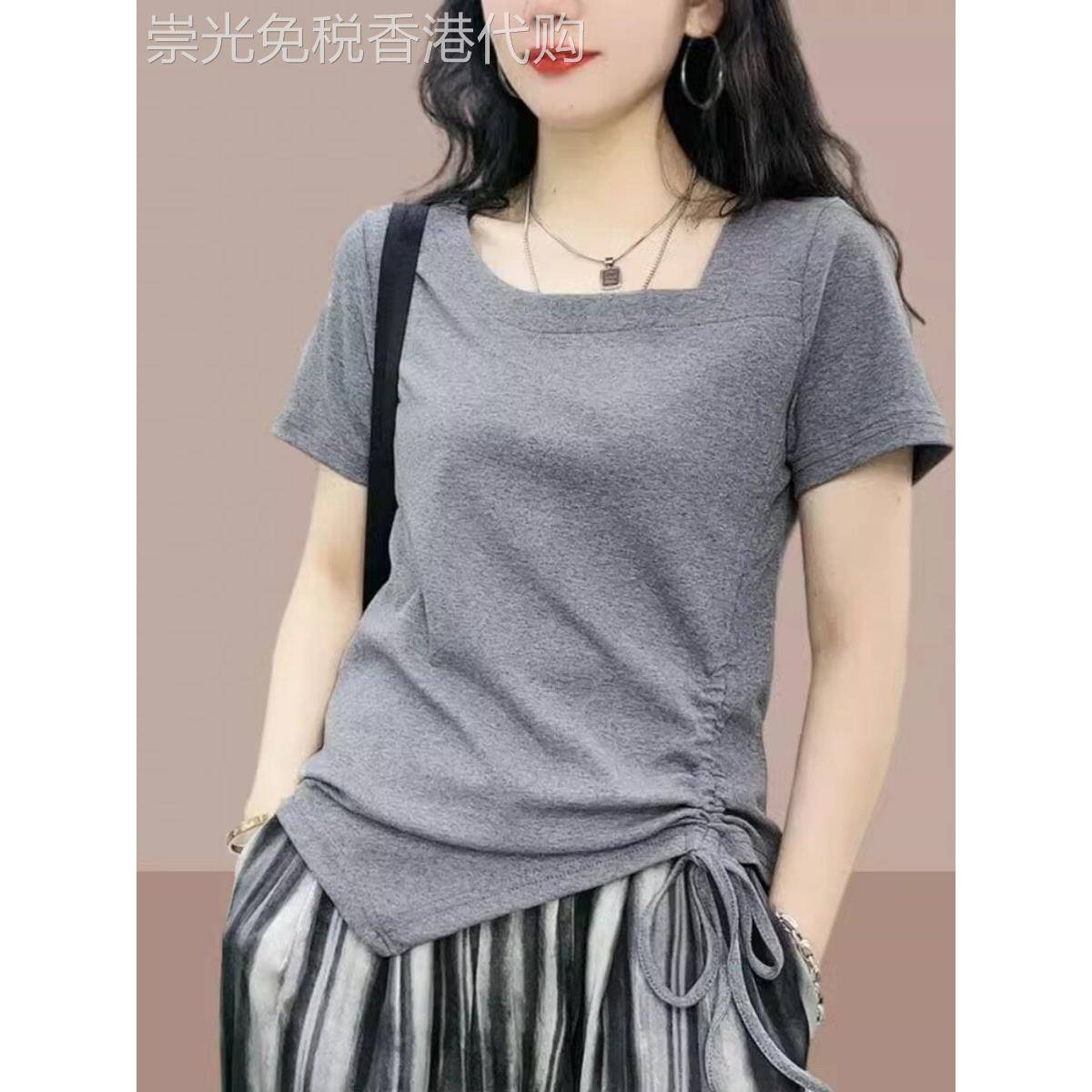 方形领褶皱短袖t恤女子夏季2025新修身不对称系带拉绳t恤低领上衣