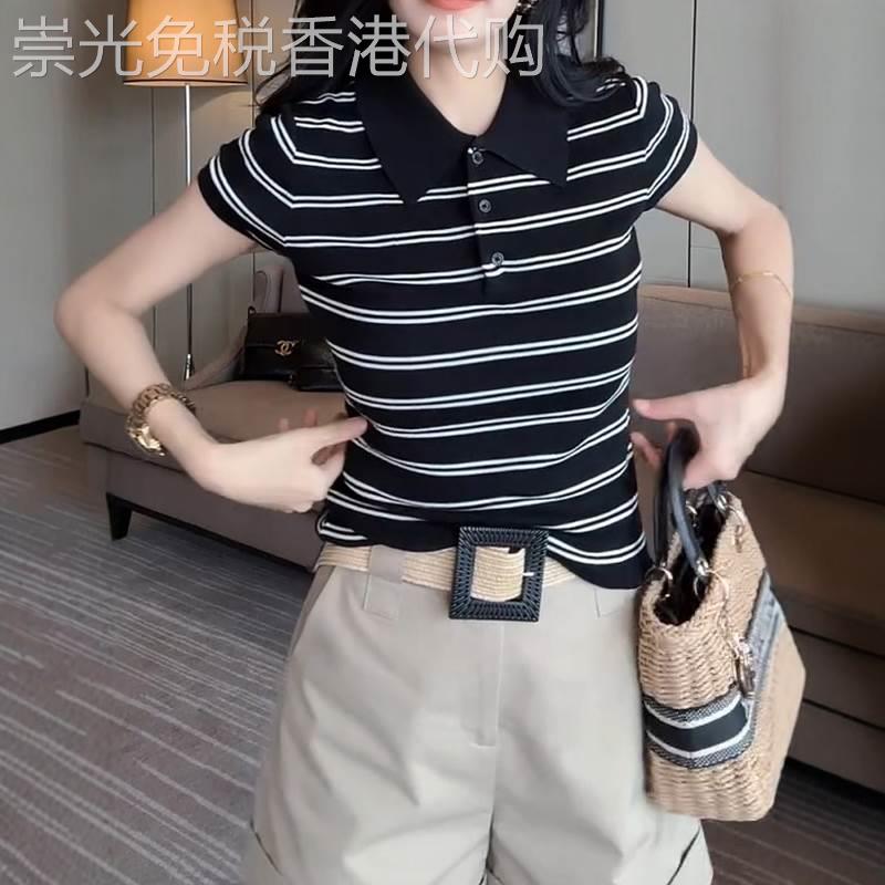 polo领条纹短袖T恤女夏季2026年新款设计感小众修身T恤短款上衣