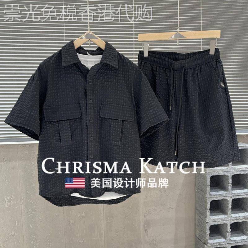 出口美国Chrisma Katch~运动衬衫短袖套装男士潮牌泡泡纱两件套