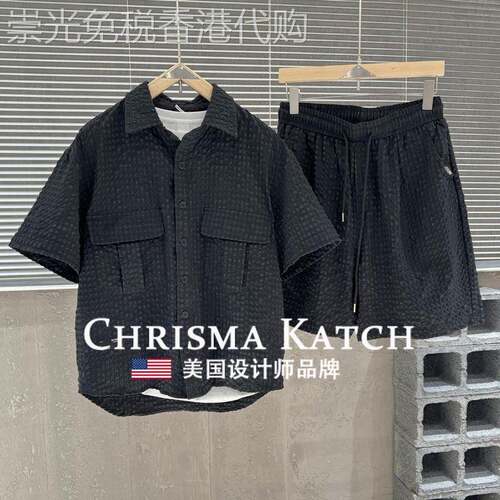 出口美国Chrisma Katch~运动衬衫短袖套装男士潮牌泡泡纱两件套