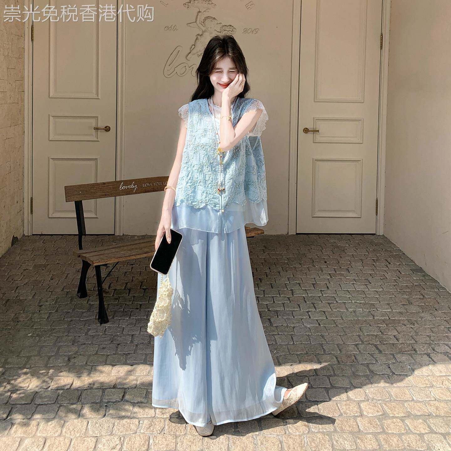 浅蓝色精致绣花新中式国风马甲套装女2026夏季气质独特漂亮三件套