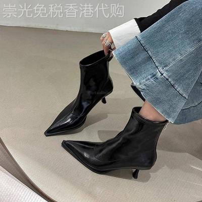 香港真皮尖头细跟休闲短靴女2025春秋百搭加绒时装靴瘦瘦靴高跟靴