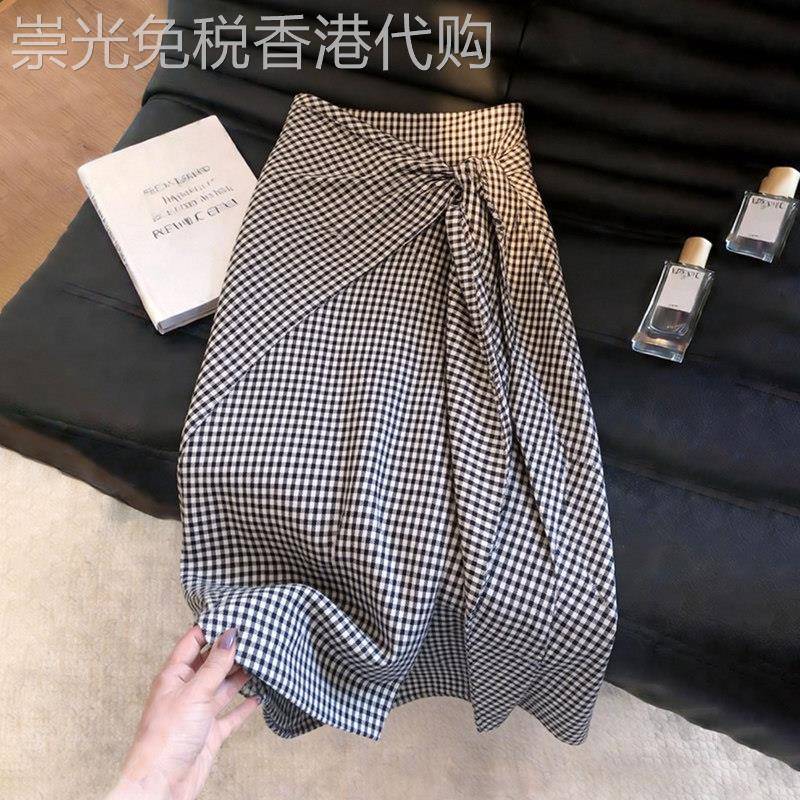 黑白格子半身裙女2026夏季新款系带遮胯韩版气质减龄时尚A字裙
