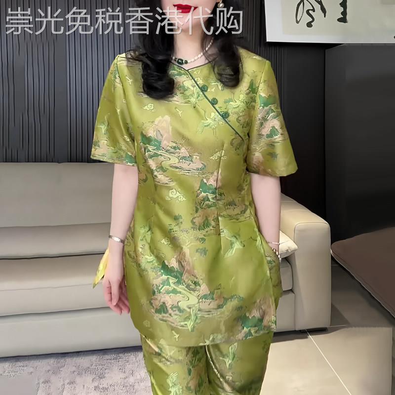知性高端印花新中式短袖女2026年夏季新款修身质感开衩大码套装