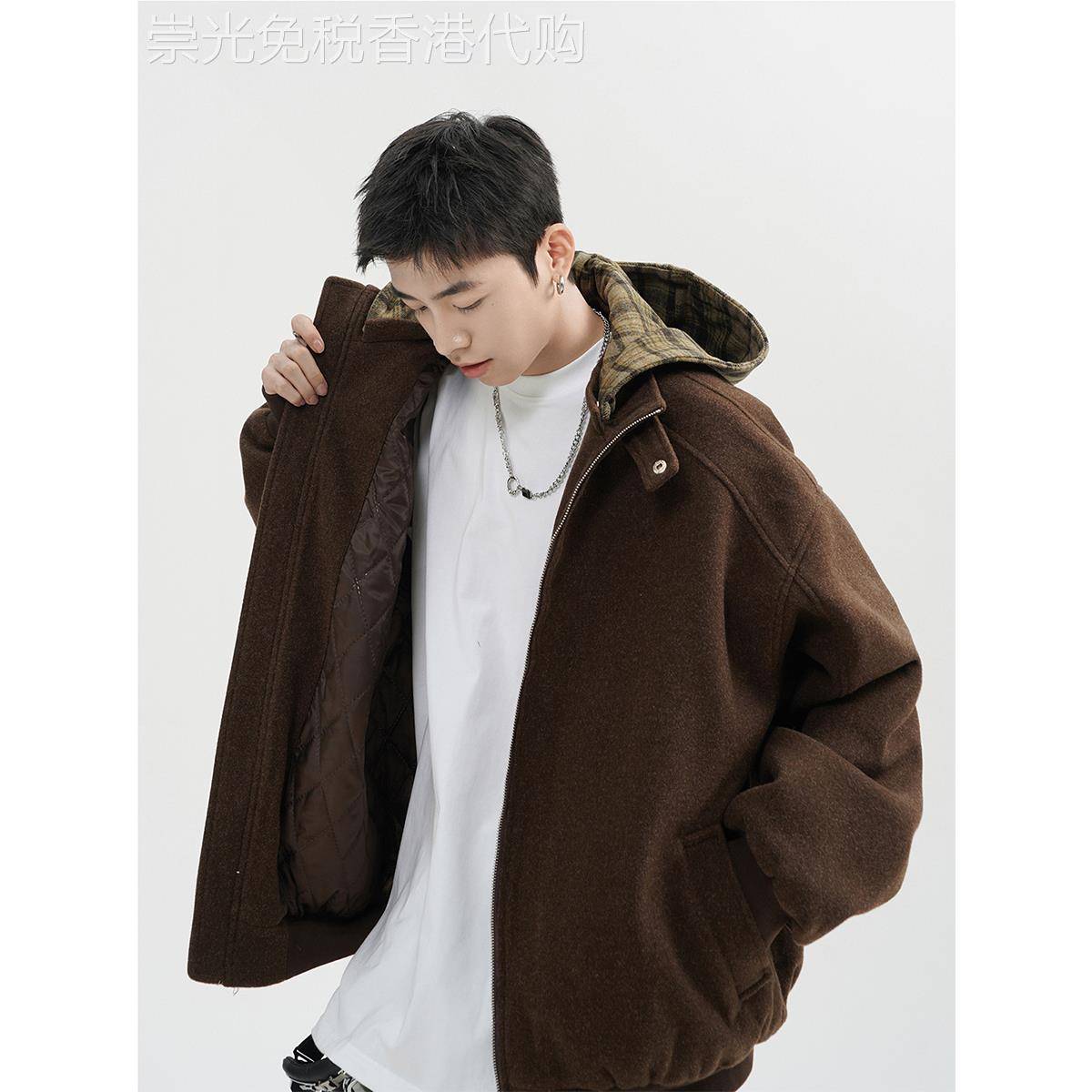 it neith BIAS潮牌美式撞色格子毛呢连帽夹克外套男秋冬休闲棉衣