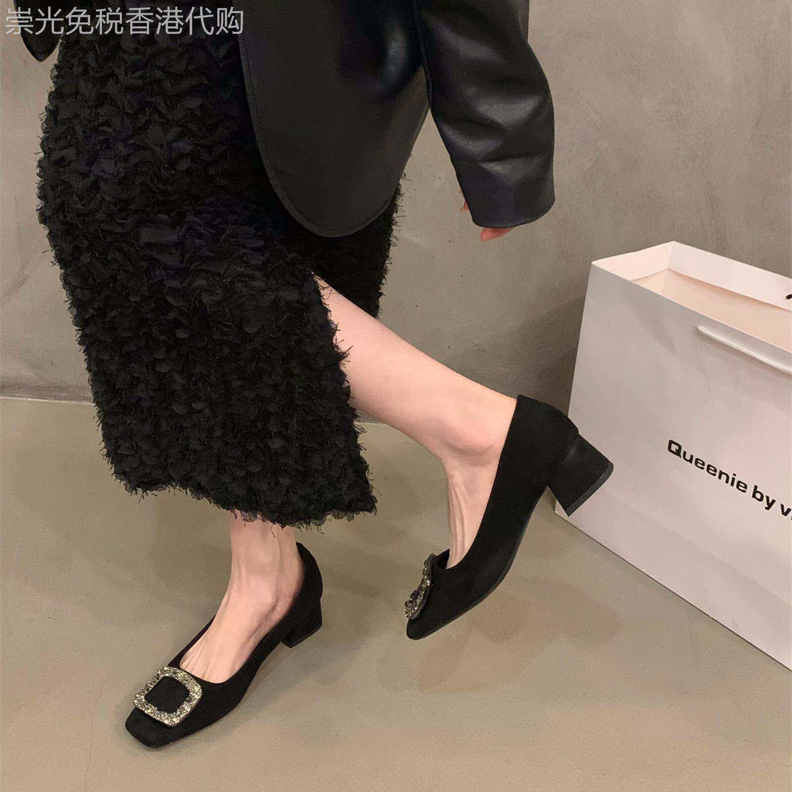 店主自留新款~水钻方头高跟鞋女2025春秋季黑色低跟粗跟法式单鞋