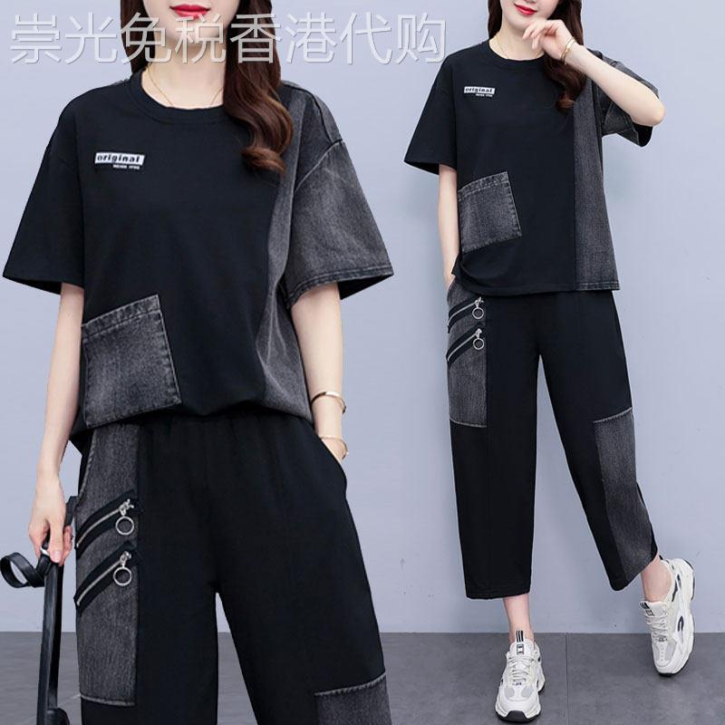 拼接牛仔短袖裤子两件套女2025新款夏季大尺码时尚休闲胖MM宽松套