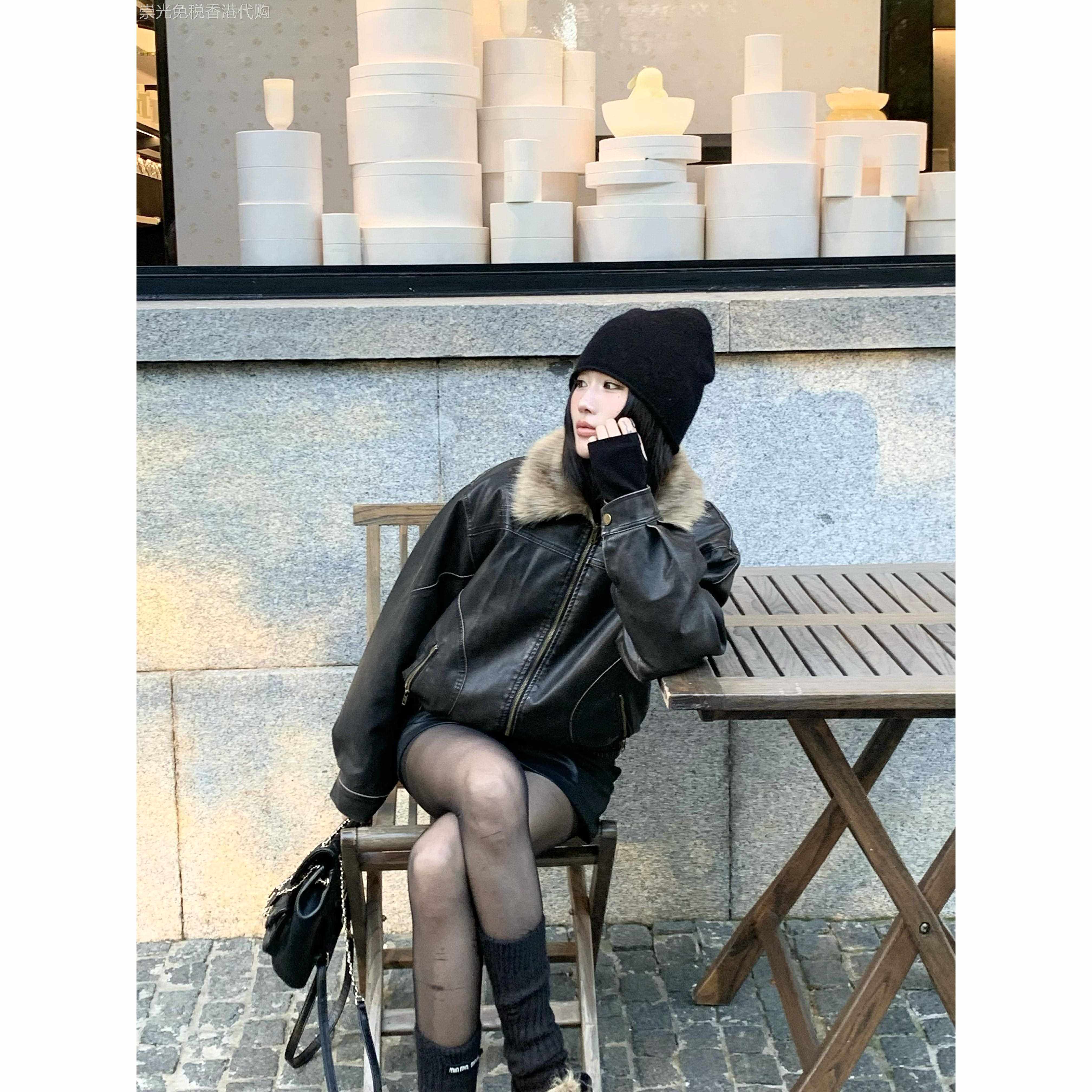 ACN 2025冬季港风覆古毛领皮衣外套女气质修身加厚保暖机车皮夹克