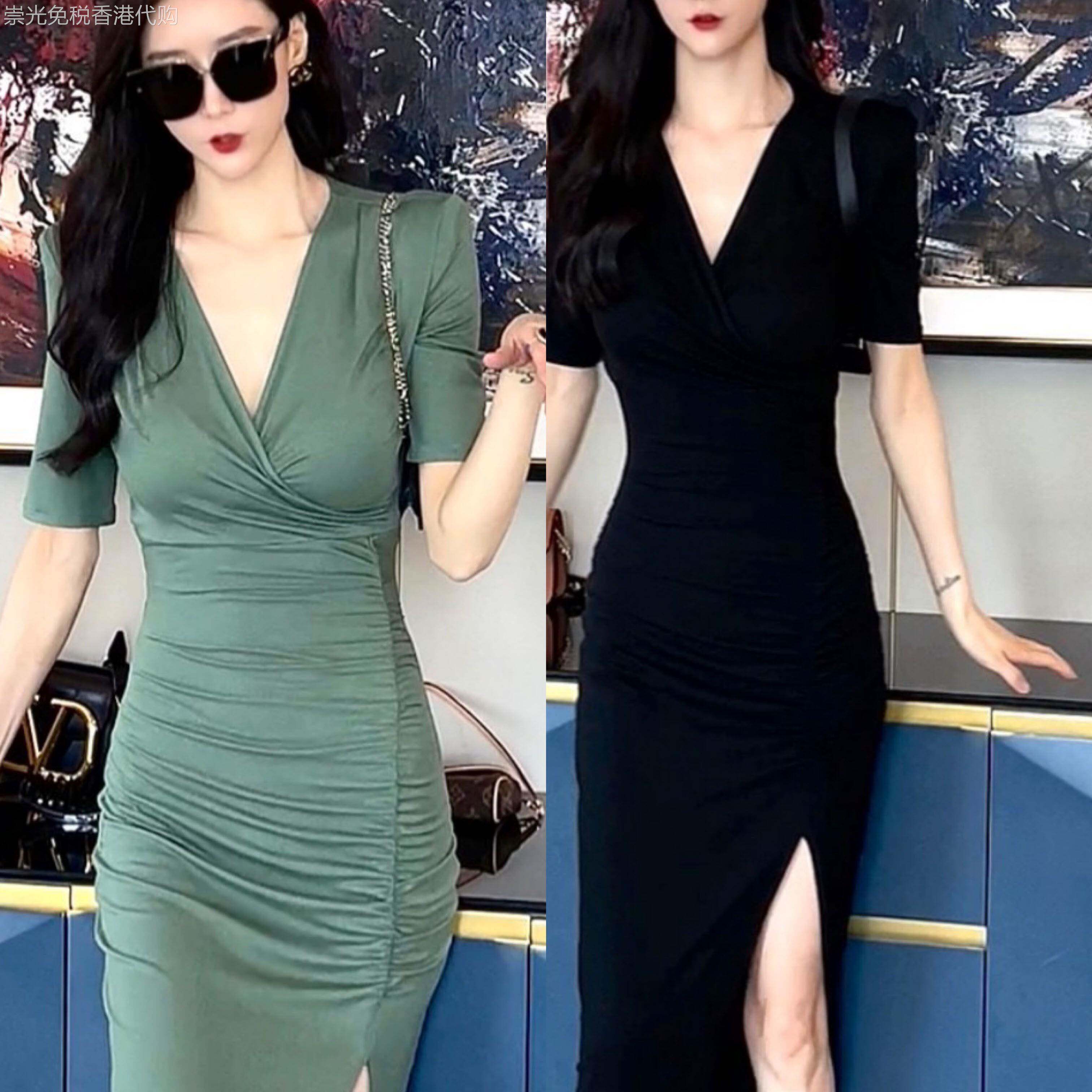 V领洋装女2026夏季新款修身显瘦收腰气质性感开叉包臀辣妹长裙