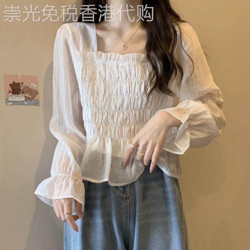 方领雪纺衫女春秋薄款2025年新款大码收腰洋气小衫泡泡袖短款上衣