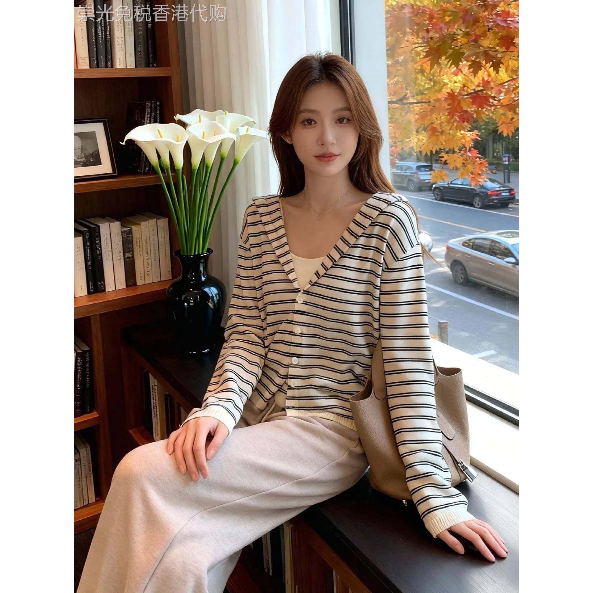 韩国时髦宽松慵懒风连帽条纹针织开衫女减龄洋气薄款羊毛混纺毛衣