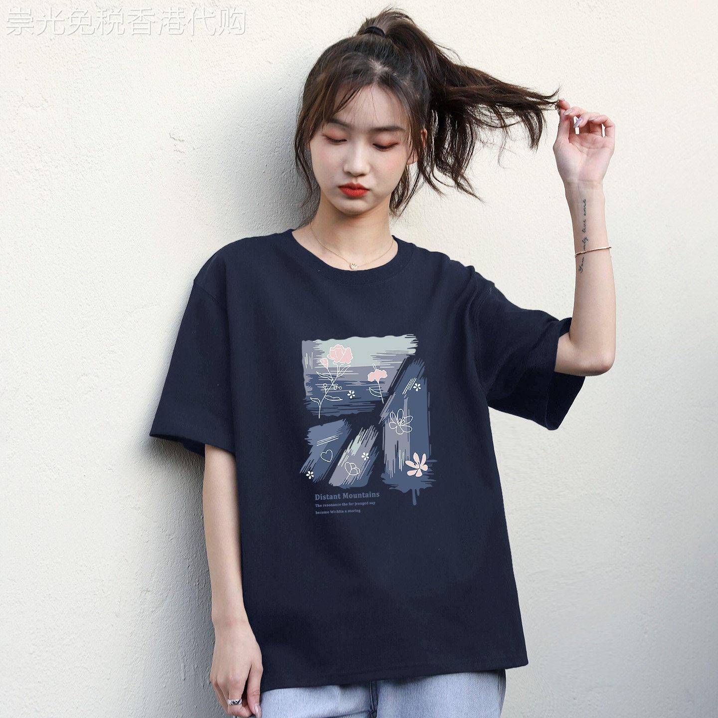 韩国藏青纯棉圆领短袖T恤女宽松显瘦印花上衣百搭大尺码深蓝色T恤