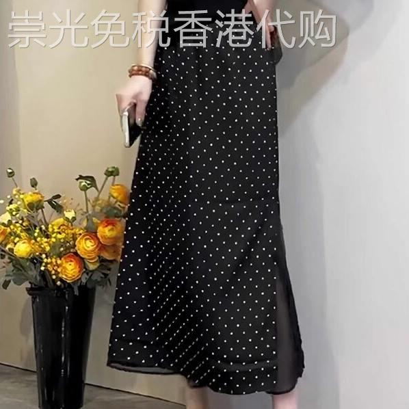 黑色波点半身裙女夏季2026新款侧开叉网纱拼接高腰显瘦a字中长裙