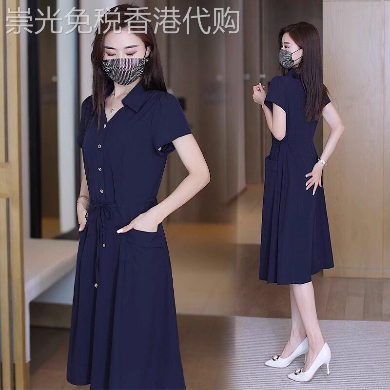 冰丝中长版短袖洋装女夏季薄款2025新款收腰显瘦气质衬衫洋装