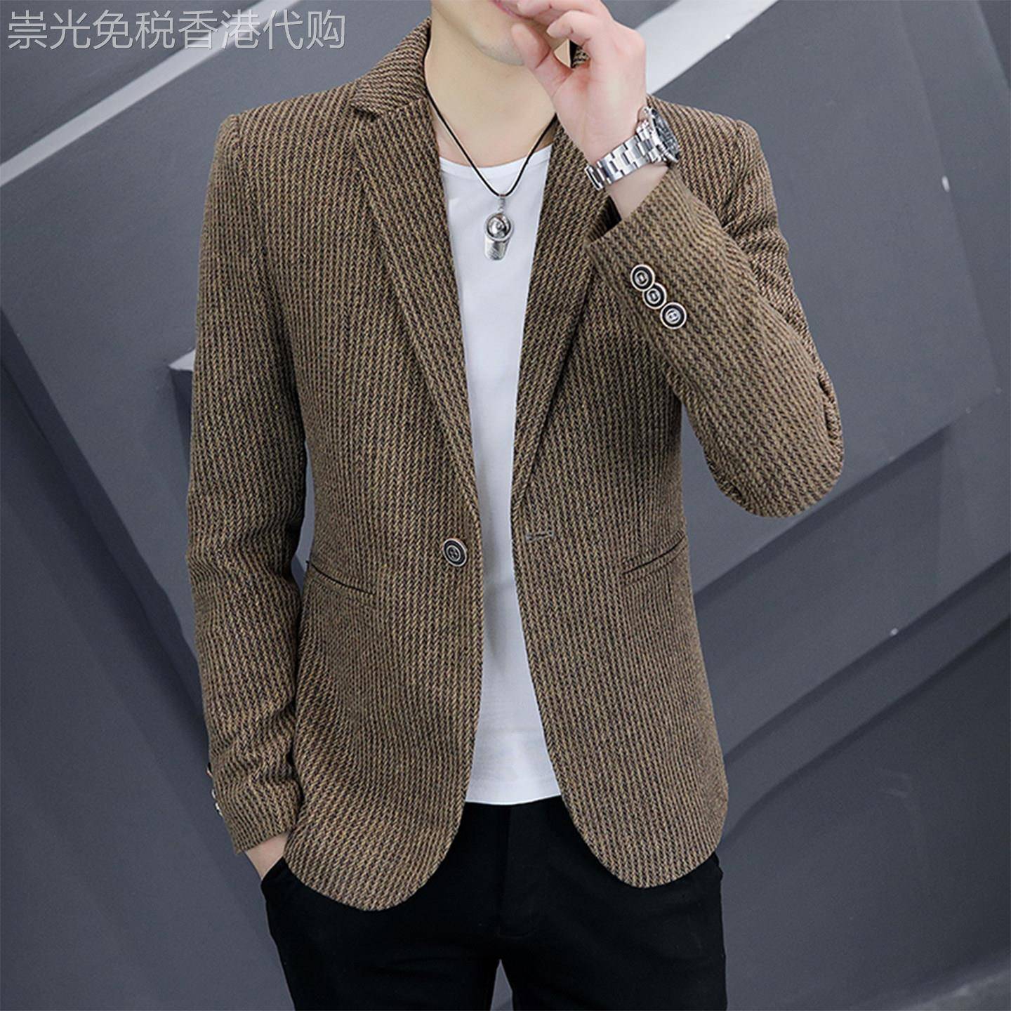 MK正品时尚韩版西装外套男春秋新款高端商务休闲无开衩男士西服潮