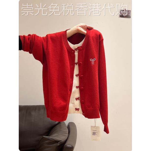 专柜红色假两件蝴蝶结圆领针织开衫女秋季氛围感刺绣绝美毛衣上衣