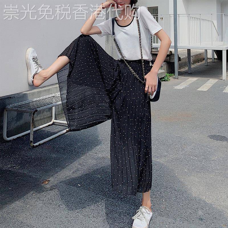 百褶雪纺阔腿裤女夏季季复古宽松薄款凉凉裤高腰垂感冰丝七分裙裤