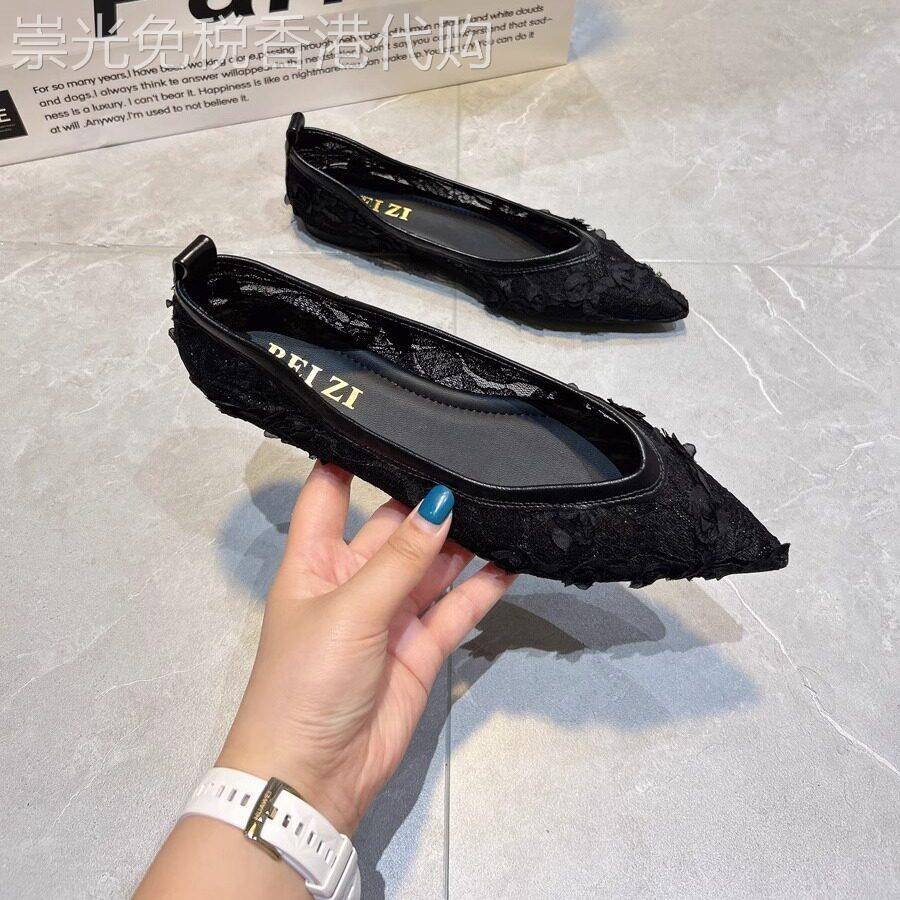 蕾丝网面平底单鞋女2026夏季新款尖头浅口配裙子仙女风晚晚鞋船鞋