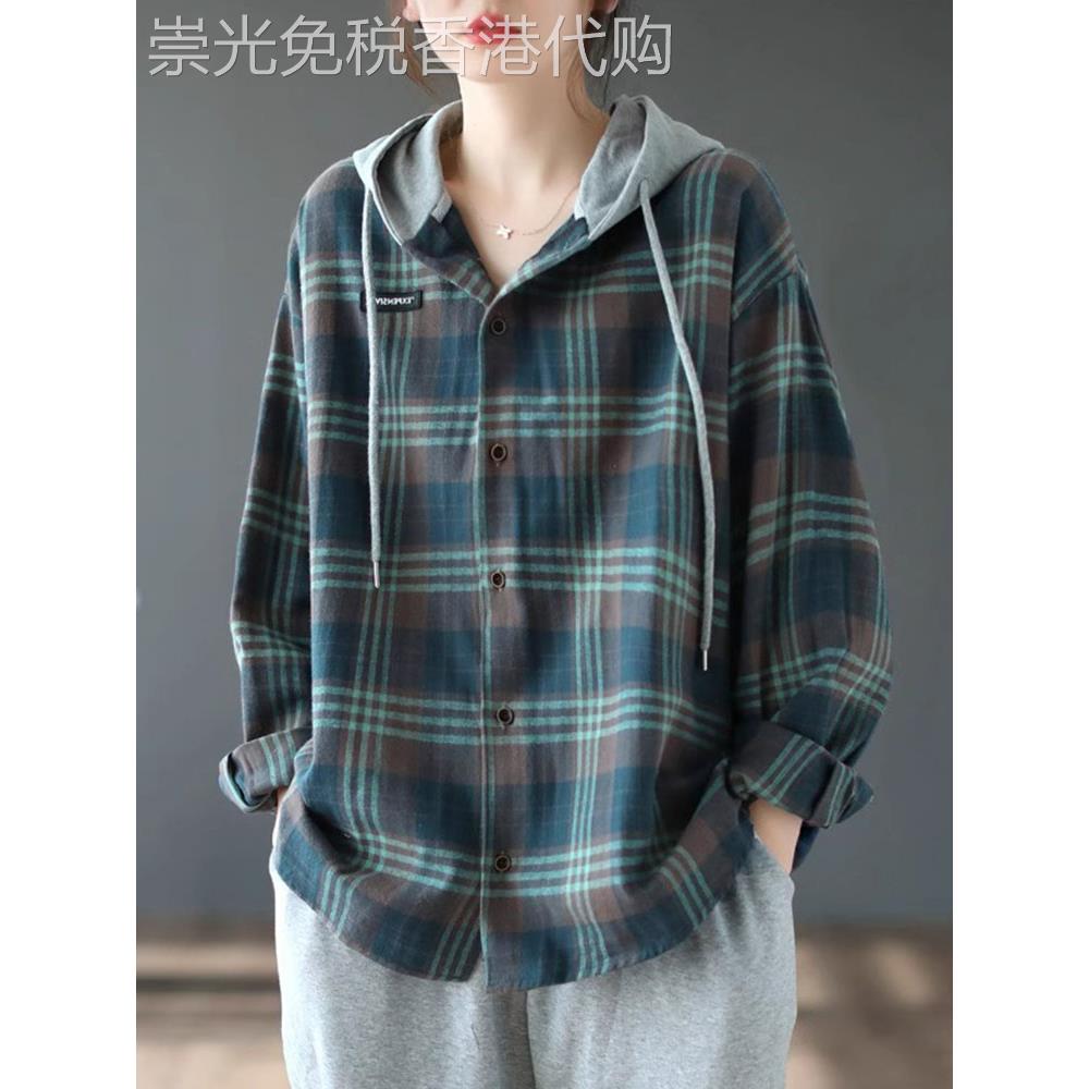 连帽格子衬衫女春秋2025新款抽绳长袖上衣大码宽松显瘦衬衣外套