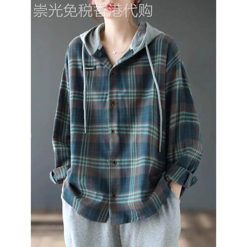 连帽格子衬衫女春秋2025新款抽绳长袖上衣大码宽松显瘦衬衣外套