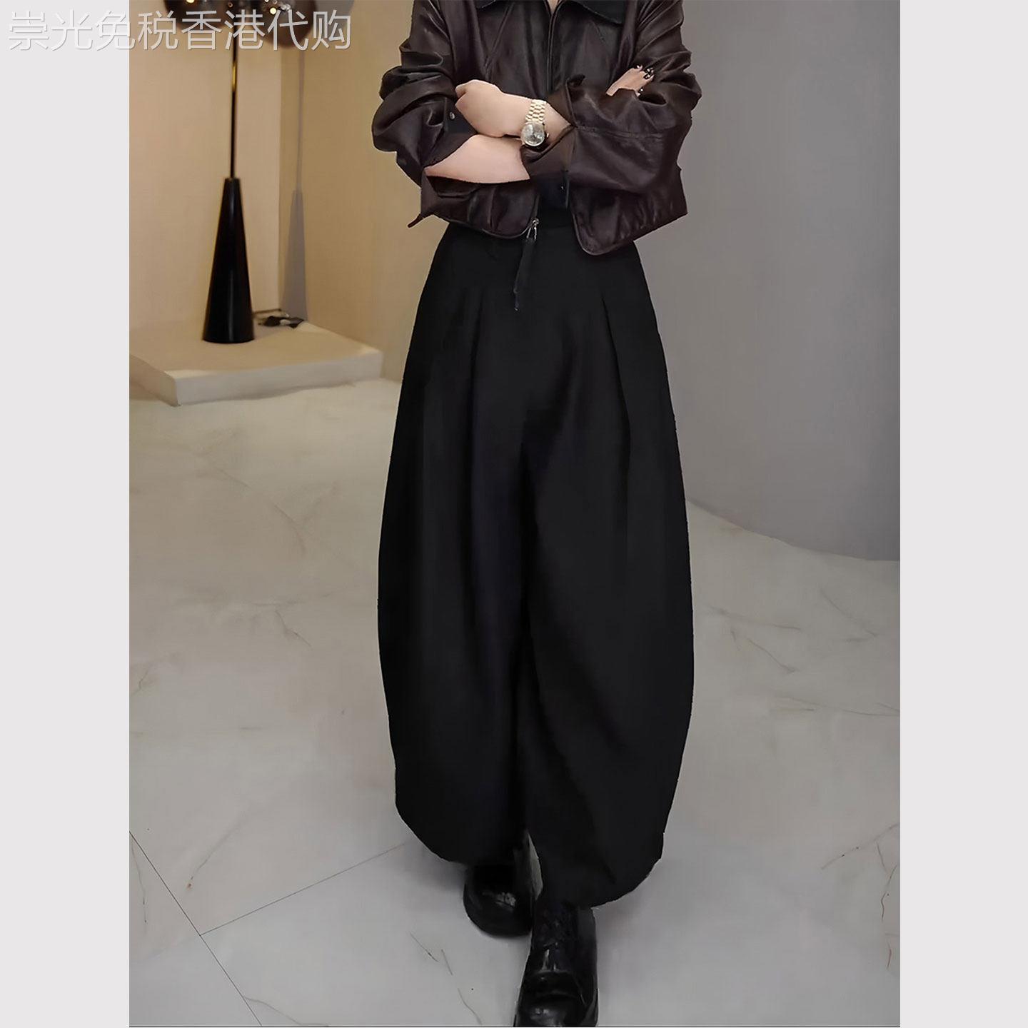 黑色压褶花苞裤女春秋新款大尺码宽松遮肉显瘦灯笼裤高腰九分阔腿