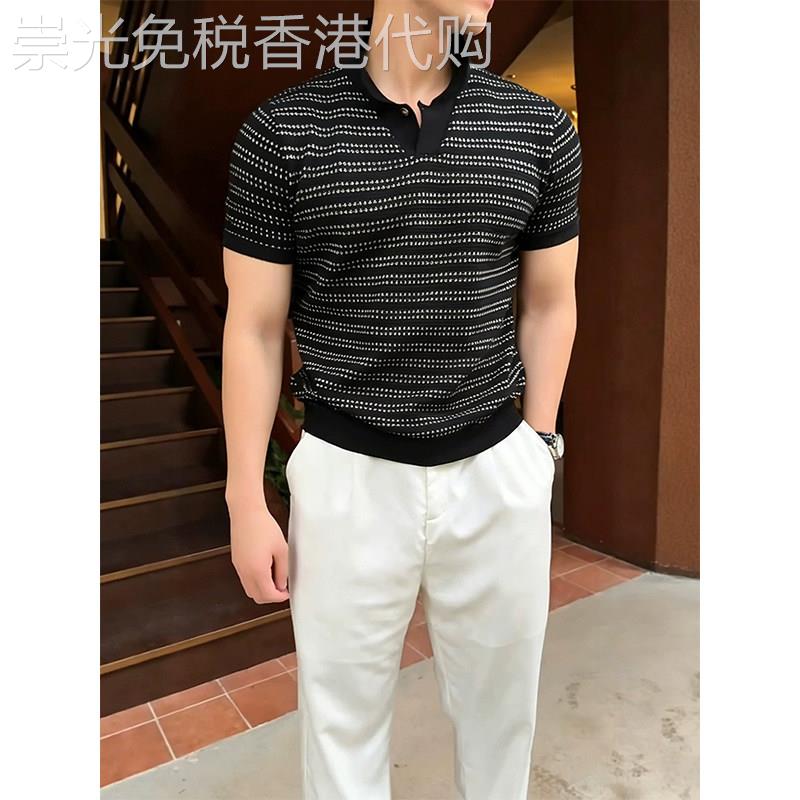 潮牌高品质黑色条纹撞色短袖Polo衫男夏季冰丝修身翻领针织T恤潮