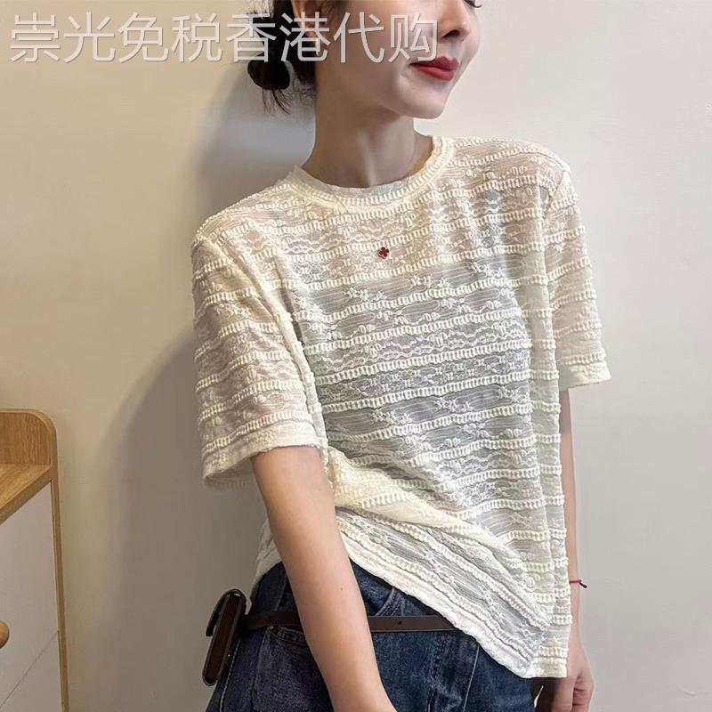 蕾丝短袖T恤女高级感夏季薄款2026年新款韩版时尚洋派圆领上衣女