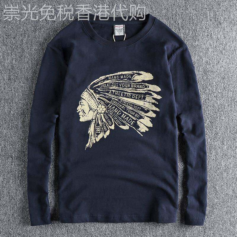 代购香港潮男春秋覆古水洗纯棉磨毛印第安大印花图案男士长袖T恤