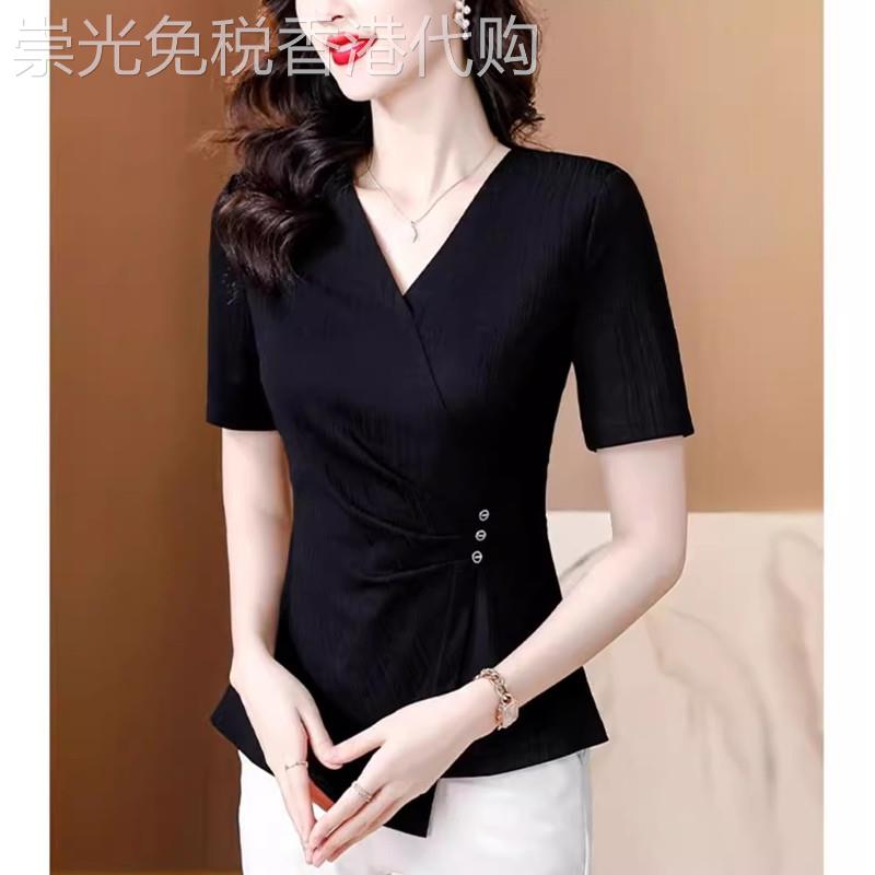 黑色不规则短袖t恤女2025夏季新款修身显瘦洋派短款气质小衫上衣