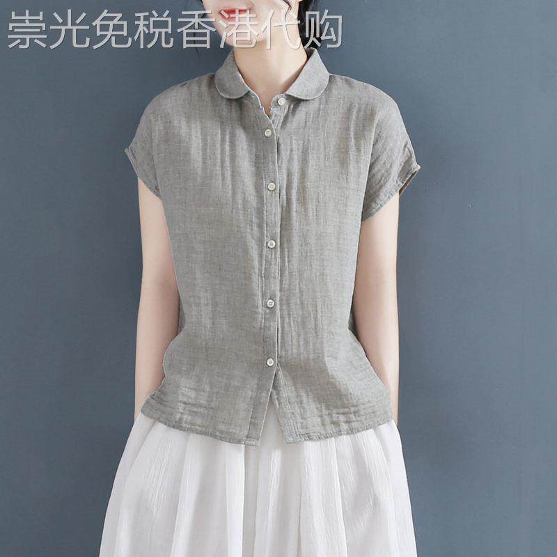 复古娃娃领双层棉纱衬衫女夏季2026新款宽松上衣文艺中式短袖衬衣