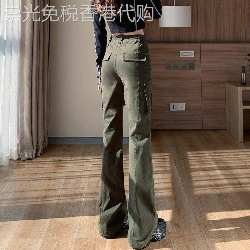 军绿色微喇工装裤女春秋美式高腰修身辣妹休闲裤窄版直筒登山裤