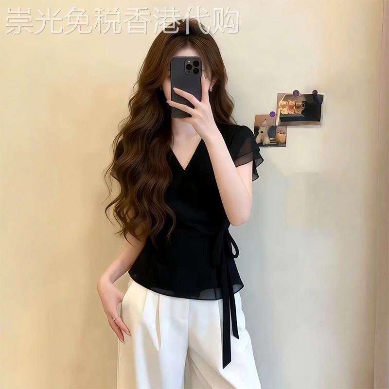 黑色V领荷叶边衬衫女夏季欧货名媛风优雅掐腰设计感气质短袖上衣