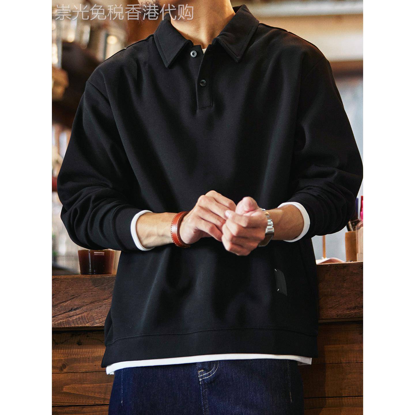 it neith BIAS潮牌假两件美式覆古黑色polo领长袖卫衣男休闲上衣