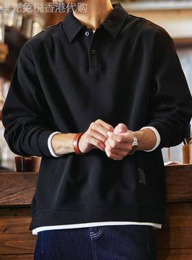 it neith BIAS潮牌假两件美式覆古黑色polo领长袖卫衣男休闲上衣