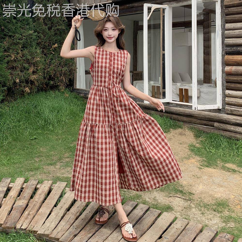 法式复古高腰红色格纹背心裙女2025年夏季新款甜美减龄度假风长裙