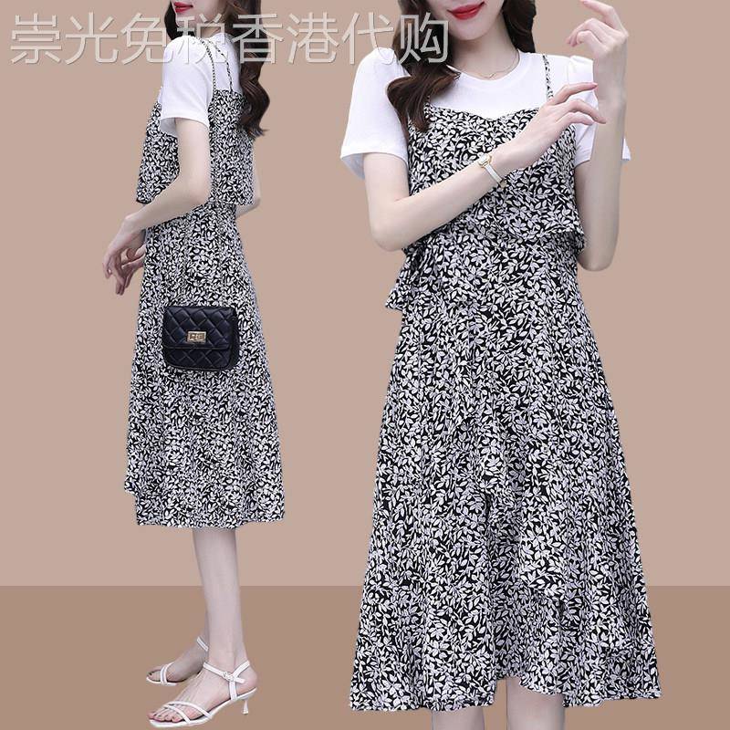 碎花洋装女短袖夏季薄款2026年新款大尺码气质显瘦假两件吊带裙子