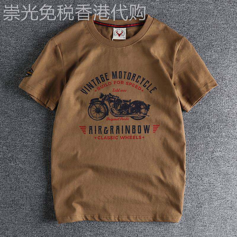 香港时尚品牌夏季新款日式覆古新潮摩托车图案男士圆领短袖t恤采