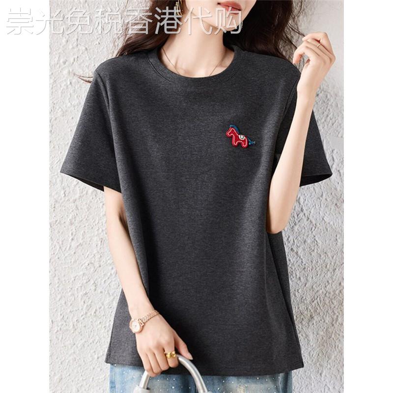 休闲短袖T恤女夏季新款时尚设计感小马刺绣洋气圆领女士半袖上衣