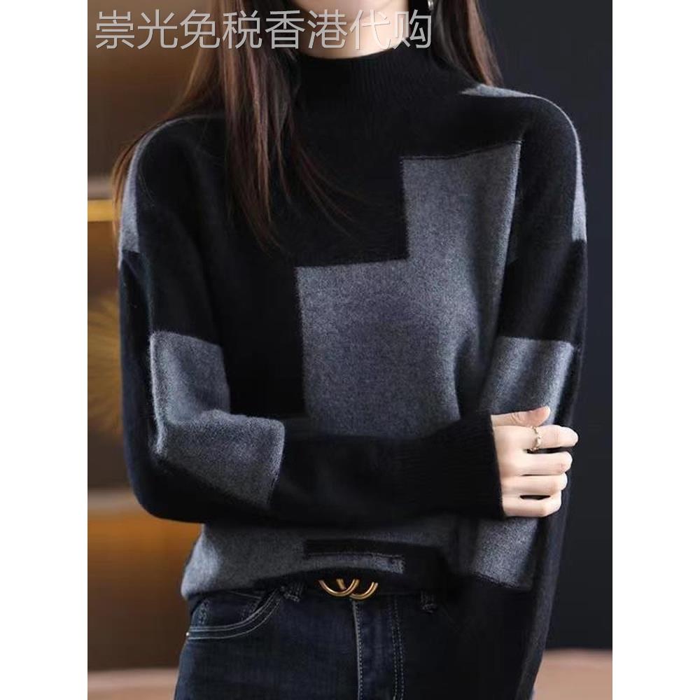 潮牌CVY100%纯羊毛衫女2025秋冬款宽松羊绒毛衣半高领针织打底衫