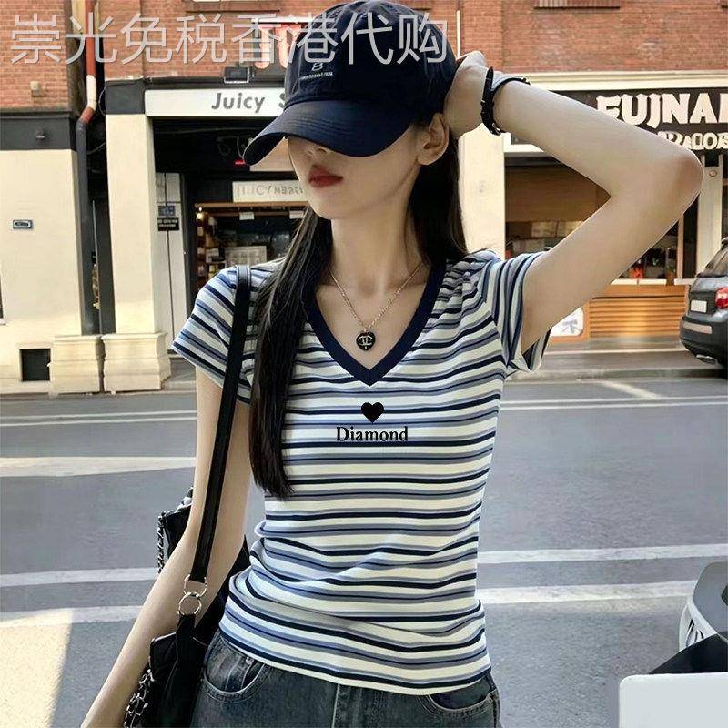 小众设计感条纹V领休闲慵懒风短袖T恤女夏季修身显瘦常规款上衣潮