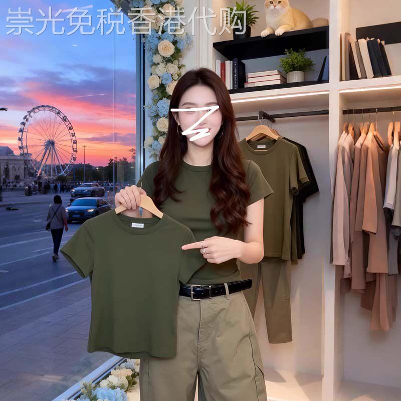 复古军绿色正肩圆领短袖T恤女士夏季2026欧货今年流行的爆款上衣