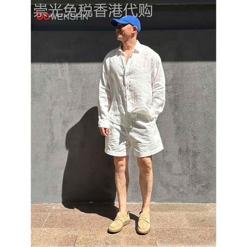 老钱风松弛感亚麻长袖衬衫套装男士2025新款夏季薄款短裤穿搭一套