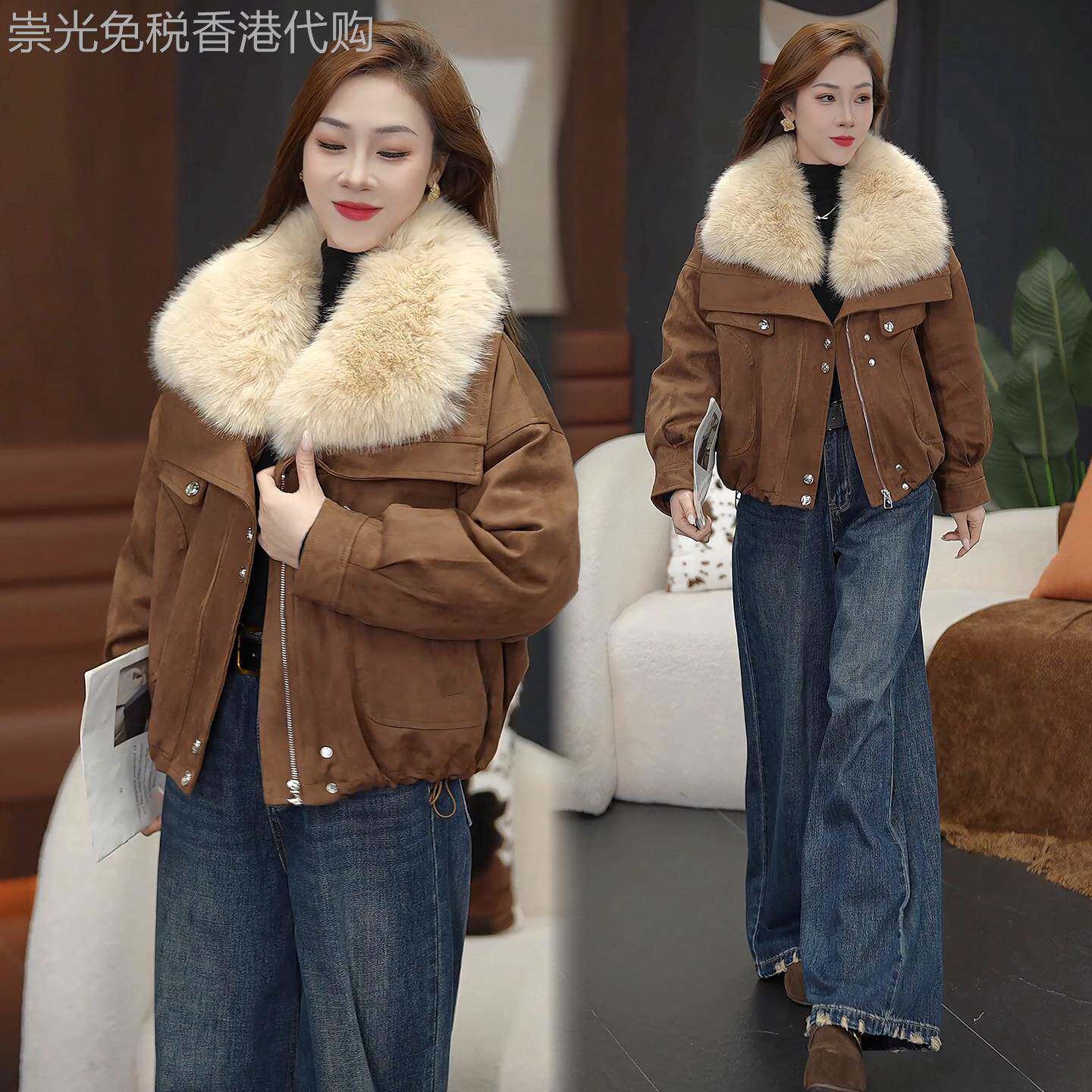 香港代购大毛领短款羽绒服外套女冬季新款羽绒夹克保暖派克服上衣