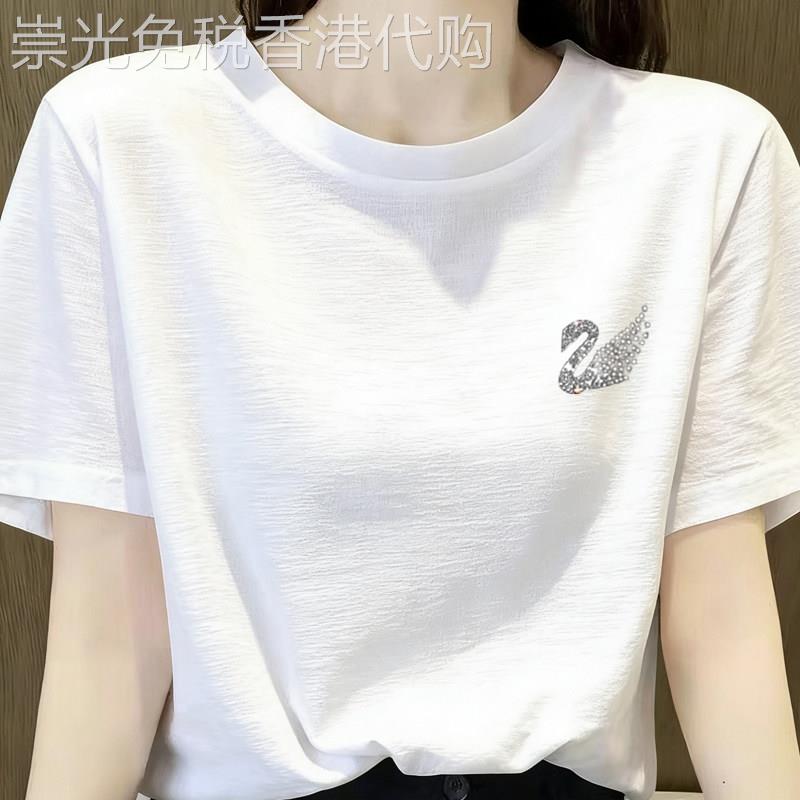 白色正肩短袖T恤女夏2026新款韩系时尚宽松显瘦T恤洋派圆领上衣