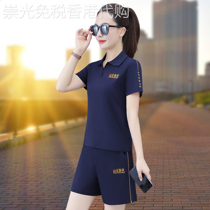 冰丝运动套装女夏季薄款2026新款气质翻领短袖短裤跑步时尚两件套