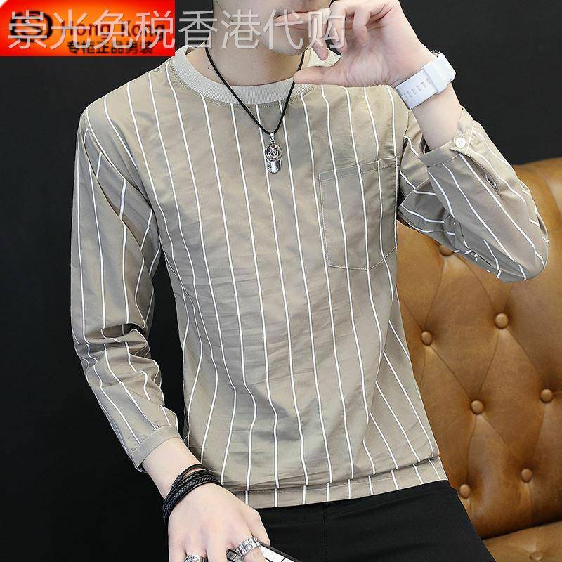 长袖T恤男纯棉薄款2025新款春秋季韩版潮流卫衣竖条纹男士打底衫