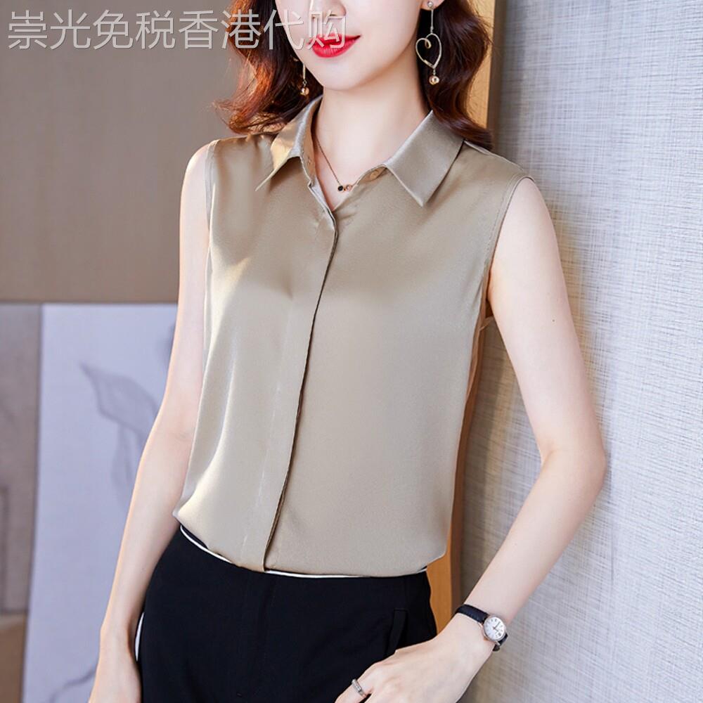 纯色衬衫女无袖翻领衬衣设计感夏季新款西装领打底背心醋酸真丝衫