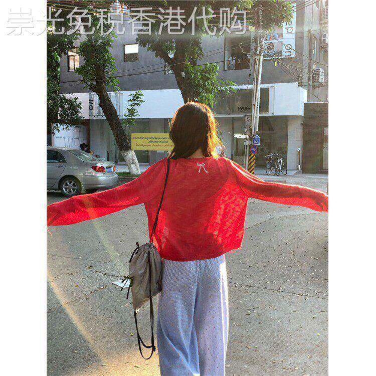 红色冰丝防晒开衫女夏季薄款外搭针织外套后背蝴蝶结刺绣空调上衣